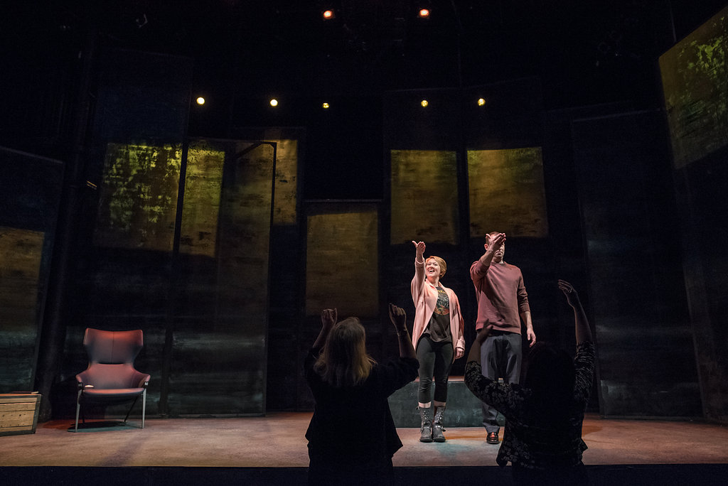 Actors Elizabeth Morris and Chris Dodd with Director Marjorie Chan and Interpreter, Kate Lewis waving hands.