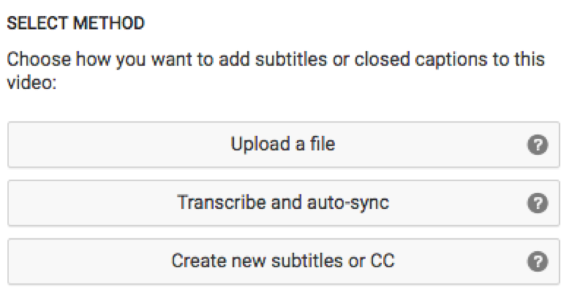 Screenshot of the various ways to upload a subtitle or CC file